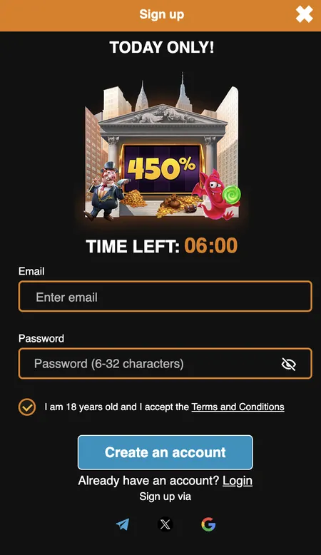 Richy Fox Casino registration form with 450% offer